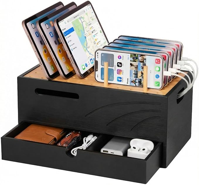 Homde Office Charging Station Organizer: 2 Layer Charger Holder (Black) | Bamboo Electronic Docking Stand for Multiple Devices Tablets Phones - Drawer for Home