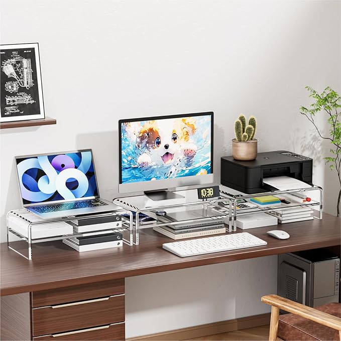 Acrylic Monitor Stand, 2 Tiers Clear Monitor Riser Computer Stand for Office, Home, Office, 5.12 Inches Hight PC Desk Stand for Keyboard Storage, Premium Platform for Laptop Printer TV Screen