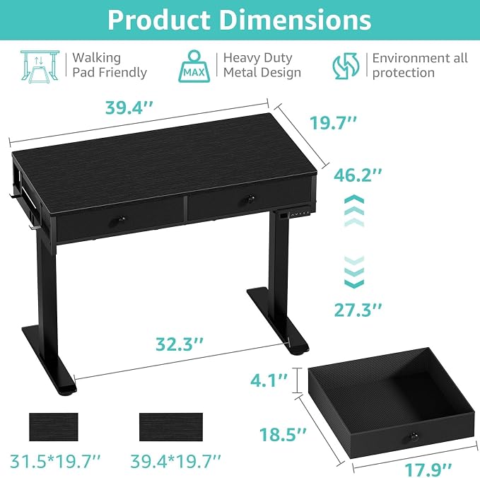 KLUVIS Black Adjustable Desk with Storage, 39 Inch Small Black Desk with Drawers, Small Space Stand Up Computer Desks for Home Office Bedroom, Sit Stand Work Desks for Walking Pad
