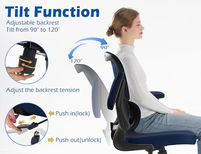 TRALT Ergonomic Office Chair - Desk Chair with Adjustable Lumbar Support Computer Chair - Mesh Comfy Chair with Flip-up Armrests - Gaming Chairs for Adults Home Office (PU Leather, Navy Blue)