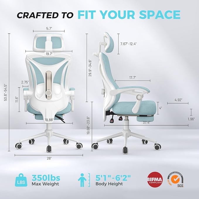 Ergonomic Office Chair with Footrest - Adjustable Lumbar Support & Headrest, 90-160° Reclining Mesh Back Computer Chair - Home Office/Gaming, 350lbs Capacity
