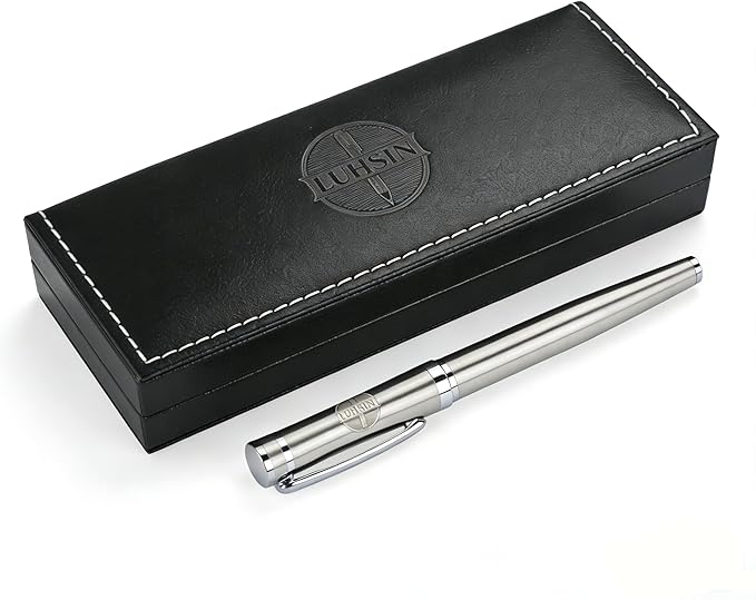 LUHSIN Brushed Silver Metal Rollerball Pen - 0.5mm Smooth Writing Professional Pen, Luxury Executive Gift Set for Men & Women, Office Signature Pen