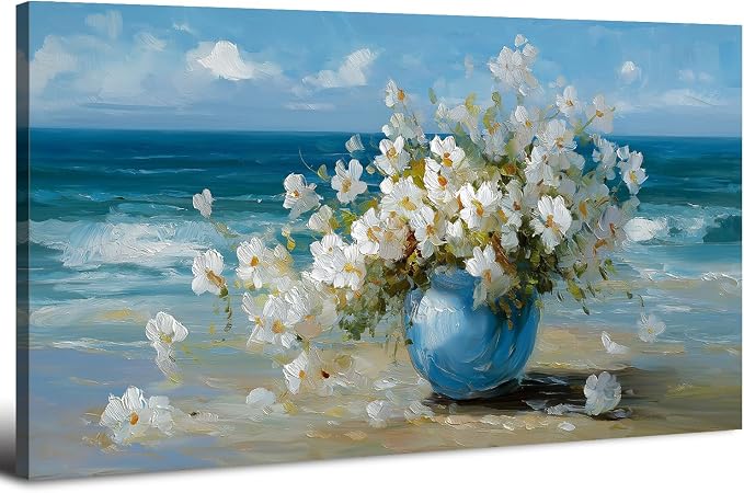 AIYISU Vintage Flowers Canvas Wall Art White Blossom Painting Retro Flowers in Blue Vase Pictures Blue Ocean Coastal Landscape Prints Poster Floral Artwork for Bathroom Bedroom Home Decoration 30x60