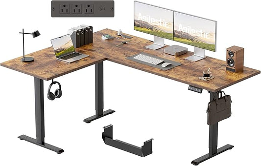 Agilestic Electric L Shaped Standing Desk 63 x 48 Inch with Power Outlet, Height Adjustable Corner Stand up Desk with Cable Management,Sit Stand Home Office Workstation with Splice Board, Rustic Brown