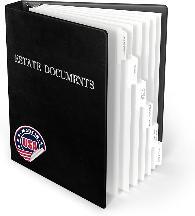 TRS Estate Planning Binder Kit – Pre-Labeled Tabs, Sheet Protectors | 1.5" D-Ring Faux Leather Organizer for Wills, Trusts, Power of Attorney & End-of-Life Planning | Black with Silver
