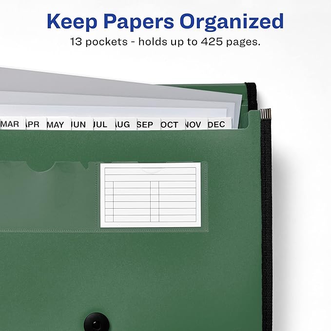 Avery Expanding File Folder Organizer, 13-Pocket Accordion File Organizer, Sage, Holds 425 Letter/A4-Size Sheets (73555)