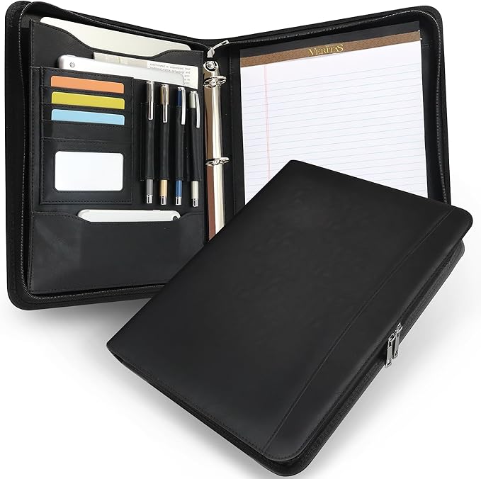 Faux Leather Zippered Padfolio with 3 Ring Binder, Executive Portfolio Organizer Binder, Fits 13.9" Laptop/Tablet, Refillable Writing Pad Pocket, Black
