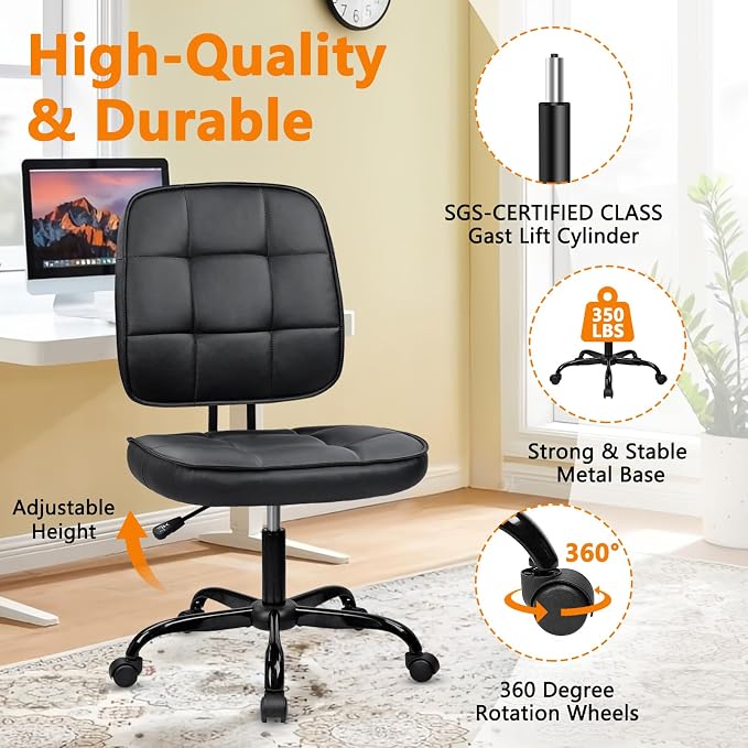 CLATINA Home Office Chair No Arms with Wheels, Armless Small Leather Ergonomic Low Back Desk Chairs Adjustable Height 360° Swivel Rolling Computer Task Chair for Work Reading Conference Room, Black