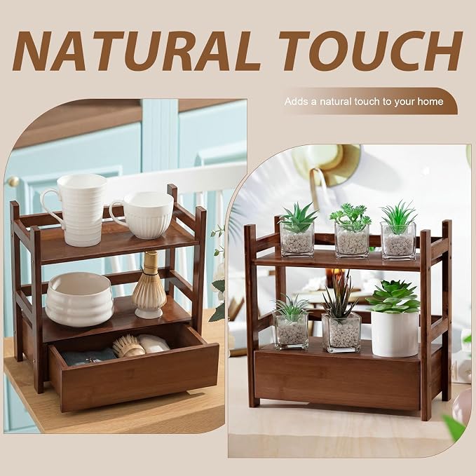 2 Tier Matcha Station Bamboo Organizer with Hidden Drawer, Wood Home Coffee Station Organizer for Kitchen Countertops, Coffee Bars, Kitchen & Office Storage(13" L x 6.5" W x 12.6" H)(Brown)