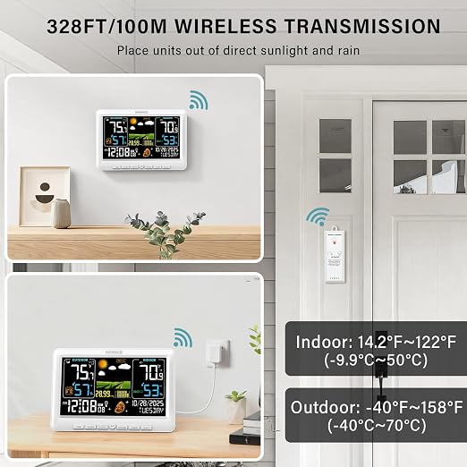 BluSon Weather Station Wireless Indoor Outdoor Thermometer, Atomic Clock | Color Display Digital Temperature Humidity Monitor with Weather Forecast, Adjustable Backlight, Barometer for Home, White