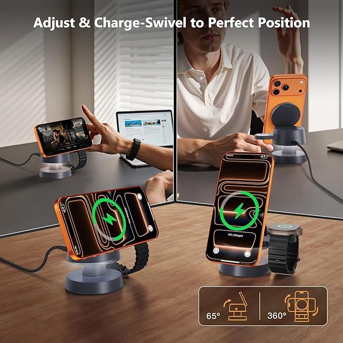 iVANKY 3 in 1 Mag-Safe Charger Stand, 15W Fast Magnetic Wireless Charging Station with Night Light for iPhone 17e 17 16 15 14 13 Pro Max, Apple Watch, AirPods 4/3/2/Pro(No AC Adapter)