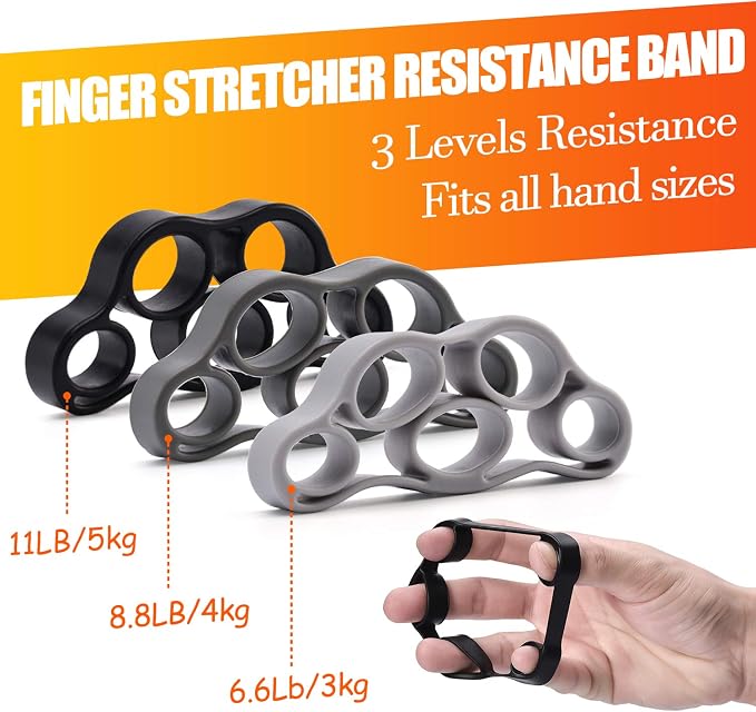 Grip Strength Trainer 7 Pack Adjustable Hand Gripper, Finger Stretcher Resistance Extensor Bands, Finger Exerciser, Grip Strength Ring & Stress Ball, Hand Grip Strengthener