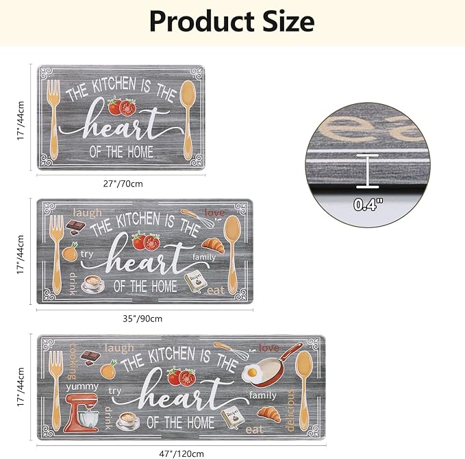 Yamaziot Anti Fatigue Kitchen Rug Set of 3, Non-Slip Cushioned Floor Mats | Waterproof, Stain Resistant, Farmhouse Cushioned Comfort Standing Desk Mat with Runner for Kitchen, Office, Sink, Laundry