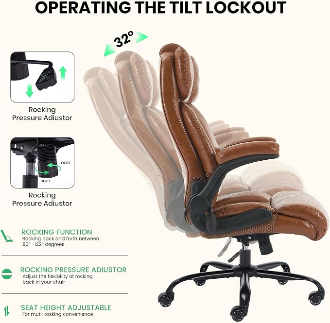 500lbs Big and Tall Office Chair Adjustable Lumbar Support for Back Pain, Extra Wide Seat Executive Office Chair Thick Armrest Pad, Heavy Duty Base&Upgraded Wheels, Ergonomic Comfy Computer Desk Chair