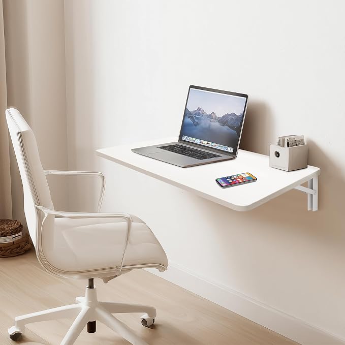 White Wall Mounted Folding Table 23.6"x15.7" Fold Down Wooden Wall Desk for Small Spaces, Floating Laundry Folding Table for Kitchen or Office