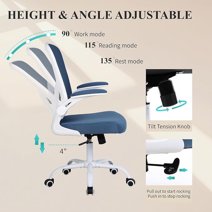 Flysky Mesh Office Chair, Ergonomic Computer Desk Chairs for Home Office - with Comfy/Comfortable Flip-up Arm Rests, Lumbar Support, Height Adjustable, 360 Degree Rolling Swivel (Blue)