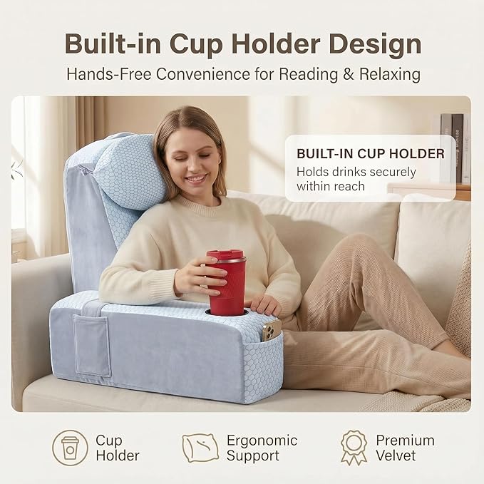 Reading Pillow for Adults, Back Pillow for Bed Sitting Up, Backrest Pillow for Sitting in Bed, Detachable Arms with Built-in Cup & Phone Caddy (White Cooling - Polka, 19 INCH)