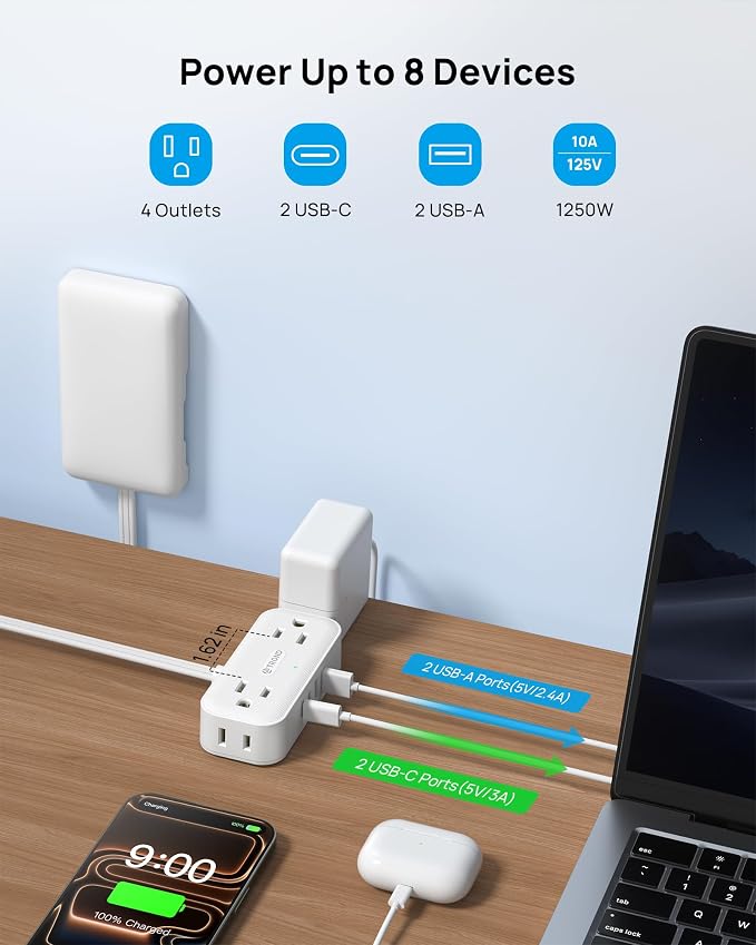 TROND 5FT Flat Extension Cord with Ultra-Thin Outlet Cover, Flat Wall Plug Power Strip with 4 AC 4 USB Ports, Hidden Outlet Extender for Tight Spaces, 10A/1250W, 900J Surge Protection, White