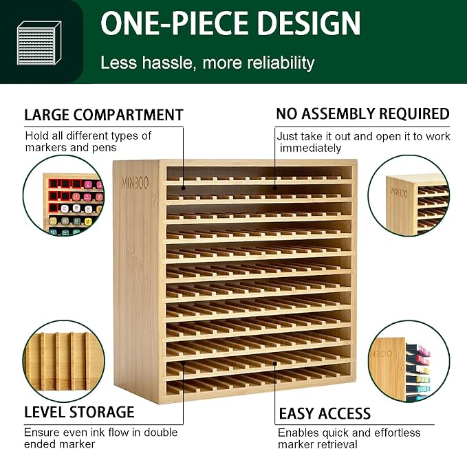 MinBoo Marker Organizer for 144 Markers, Bamboo Art Supply Storage Organizer Rack, Art Markers Pens Colored Pencils Paint Brushes Stationary Organizer Holder for Home Classroom Office Desk Decor