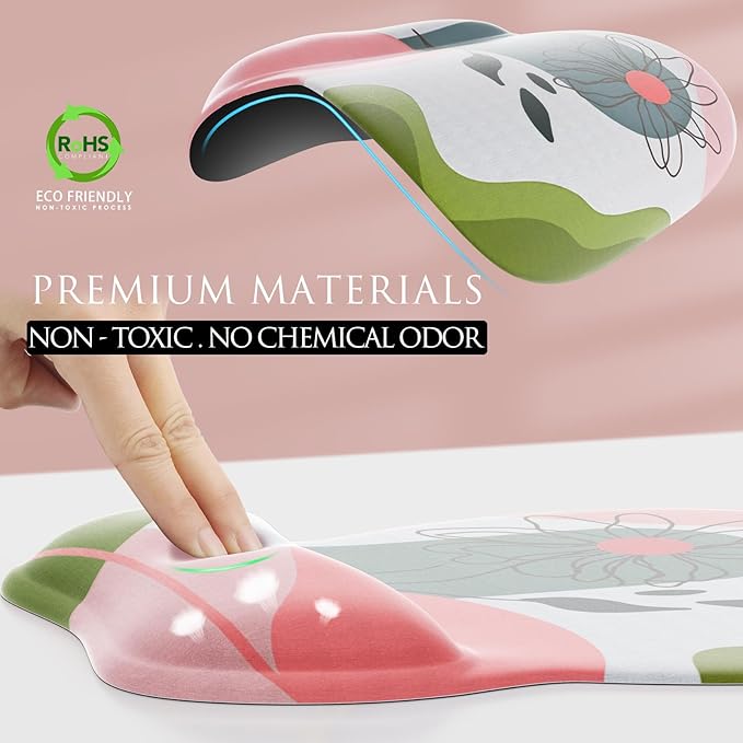 MROCO Ergonomic Mouse Pad with Gel Wrist Rest, Smooth Wrist Support Surface, Non-Slip PU Base for Pain Relief, Comfortable Mousepad for Computer, Laptop, Office & Home, 9.4 x 8.1 in, Pastel Petals