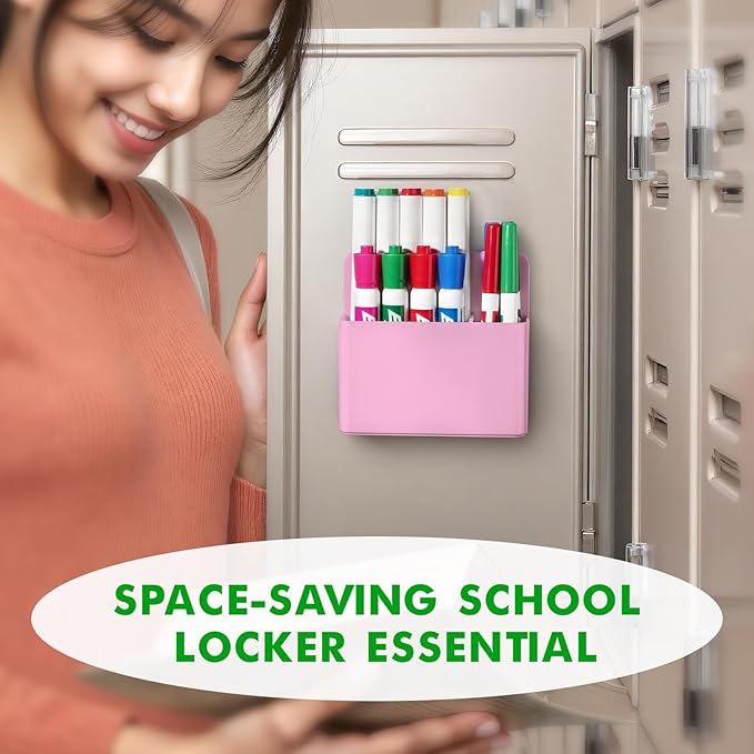 2 Pcs Magnetic Dry Erase Marker Holder for Whiteboard, Plastic Magnetic Pen Holder for Refrigerator Fridge, Magnet Pencil Cup for School Classroom, Locker Accessories, Pen Cup Organizer-Pink