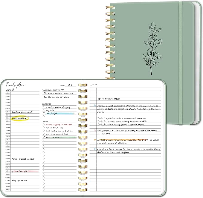 Undated Daily Planner With Hourly Schedule, To Do List Spiral Notebook, Easily Organize Your Work Tasks And Appointments, Perfect School Or Office Supplies For Organizing & Planning, 7.5"x10", Green
