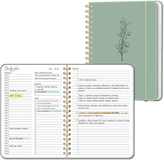Undated Daily Planner With Hourly Schedule, To Do List Spiral Notebook, Easily Organize Your Work Tasks And Appointments, Perfect School Or Office Supplies For Organizing & Planning, 7.5"x10", Green