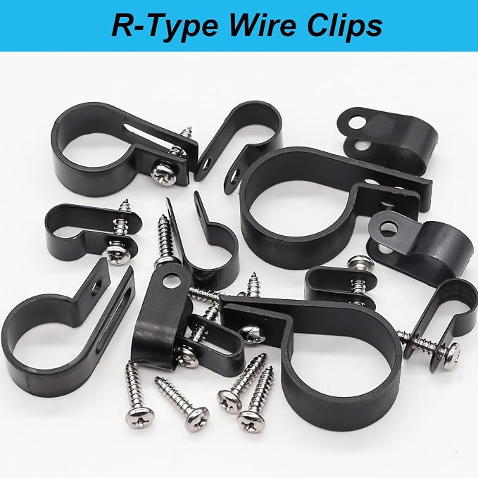 TWTADE 222PCS Black Cable Clamps Assortment Kit,Nylon Plastic R-Type 6 Sizes 3/16'' 1/4'' 3/8'' 1/2'' 3/4'' 1'' Cable Mounting Wire Clips Fastener with Screws for Wire Management