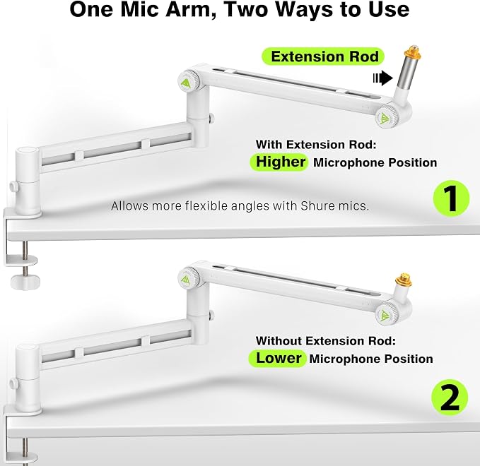 AA AUDIO ACCESSORY White Boom Arm Low Profile (Design for Heavy Mic) 6.6lbs Load Capacity, Gear Lock Structure Never Sags, Metal Microphone Stand Desk Mount for Shure SM7B MV7+, Blue Yeti, Rode PodMic