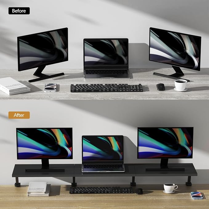 Extra-Large 45-Inch Wood Clamp On Desk Monitor Shelf with Spacious Storage Space - Fits 60-inch or Dual 32-inch Screens, C-Clamp Design with Rubber Pad, Max Load 44lbs