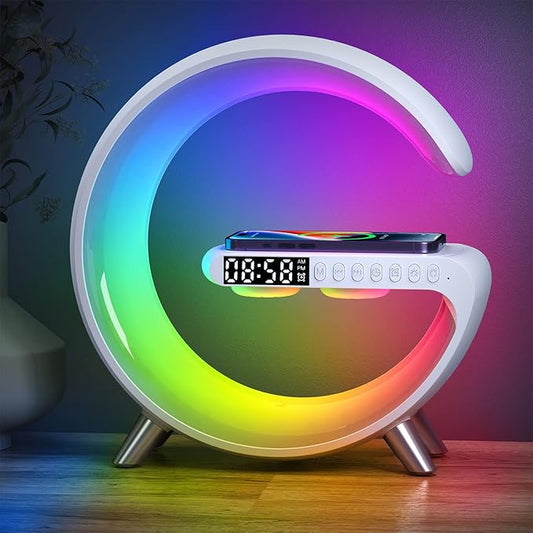 Smart LED Table Lamp, 4-in-1 Wireless Charger, Music Rhythm Ambient Night Light, Alarm Clock, and Bluetooth Speaker with App Control, G-Shaped Lamp for Bedroom, Office and Home Decor (White)