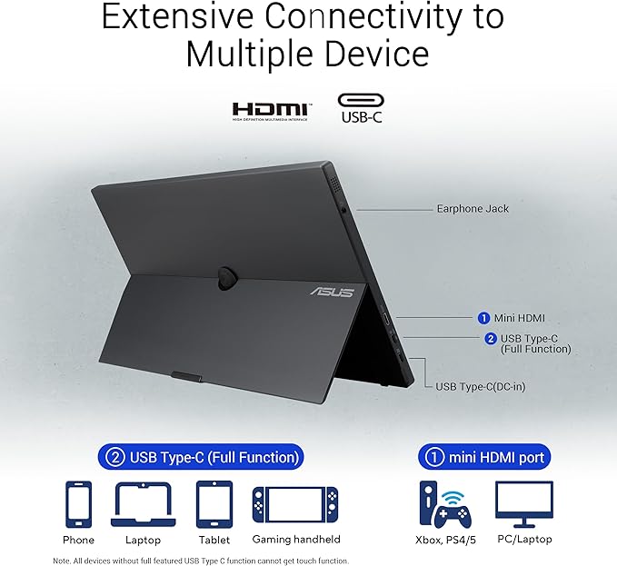 ASUS ZenScreen Touch 16” USB-C Portable Monitor (MB16AMTR) - Full HD, IPS, Built-in Battery, Kickstand, Tripod Socket, Eye Care, Compatible with Laptops, Smartphones and Game Consoles, 3 yr Warranty