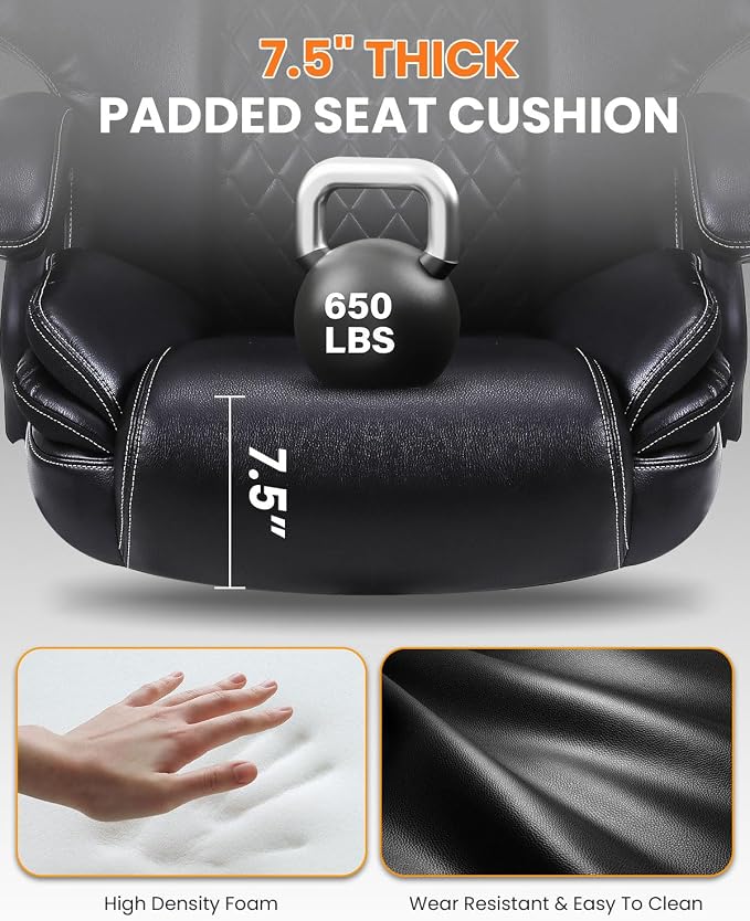 BOSMILLER 650lbs Large Big and Tall Office Chair for Heavy People with Adjustment Lumbar Support, Comfy Padded Heavy Duty Leather Executive Office Chair with Quiet Rubber for Adults 8 Hours Daliy Work