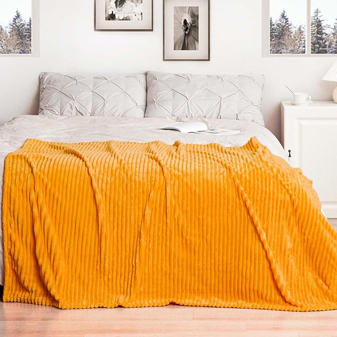 Vessia Flannel Fleece Throw Blanket for Couch,Sofa,Bed, 300GSM Striped Yellow Blanket for Adults and Kids, Super Soft Warm Cozy Lightweight Ribbed Throw for All-Season