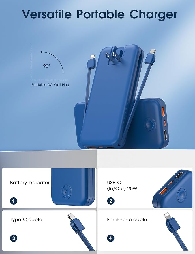 Nusyddy Portable Charger 10000mAh PD20W w/Built-in Cables & Wall Plug Navy | PD20W Fast Charging, Battery Indicator, Pass Through Charging, TSA Approved, Compact/Slim, Power Bank for iPhone/iPad/Samsung