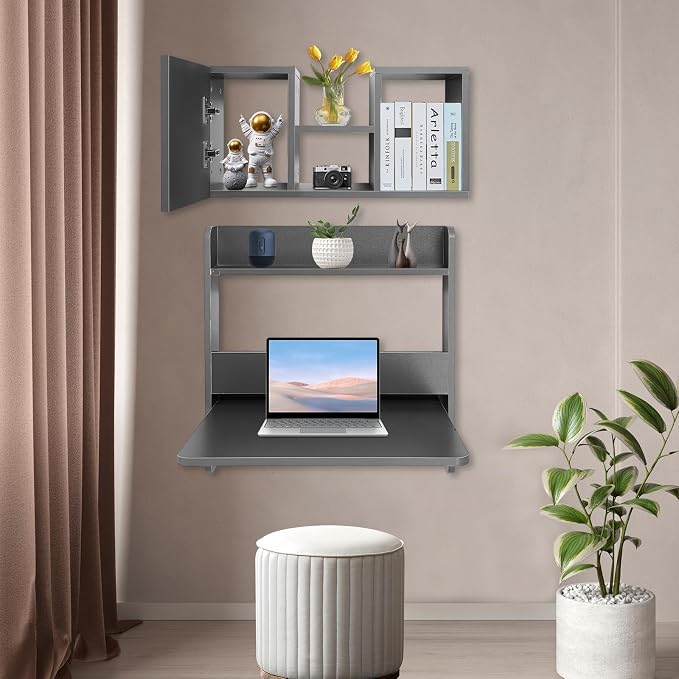 Floating Desk, 24" Wall Mounted Folding Desk with Bookshelf Folding Wall Desks Space Saving Workstation with Storage Shelves for Home Office Bedroom Study Room Small Space