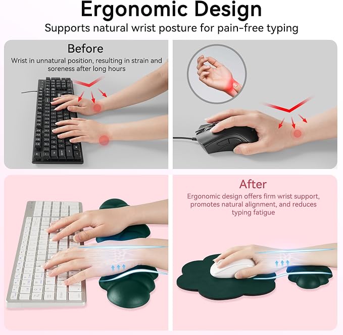 Sushret Cloud Wrist Rest for Computer Keyboard, 4-in-1 Memory Foam Leather Cloud Keyboard Wrist Rest and Mouse Pad Set with Ergonomic Support for Arm and Palm Cushion, Gaming/Work Setup, Dark Green