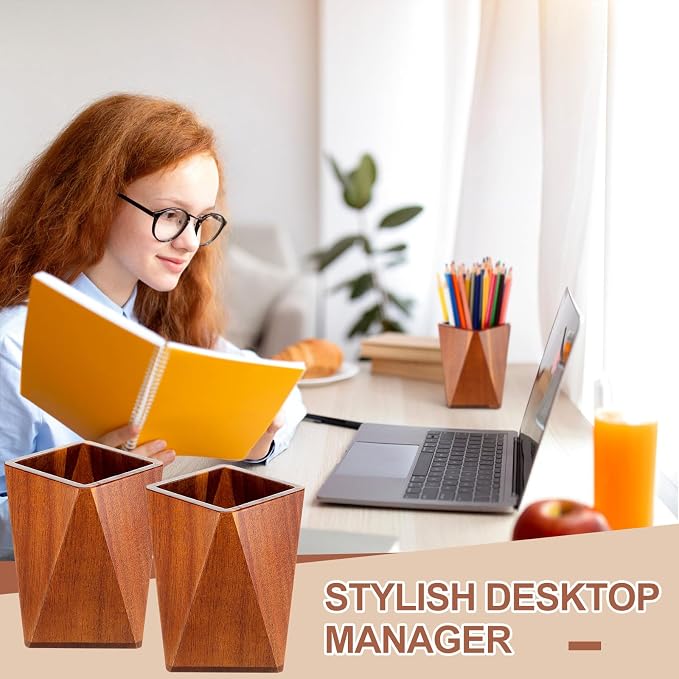 2 Pcs Wood Pen Pencil Holder Geometric Pencil Cup Stand Makeup Organizer for Pen Holder Desk Home Office Adults (Acacia Wood)