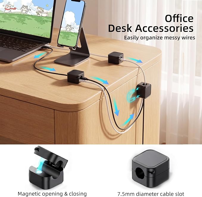 6 Pack Magnetic Cable Clips, Under Desk Cable Management for Office | Adhesive Cord Holder for Phone Wall Desktop, Home Nightstand Desk Accessories (Black)