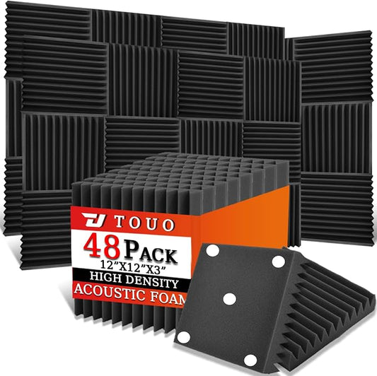 48 Pack Acoustic Panels – Sound Proof Foam Panels for Wall 12"x12"x3", Flame Retardant Wedge Acoustic Foam, High-Density Sound Absorbing Panels for Home Studio(Black, 3" Thick 48 Pack)
