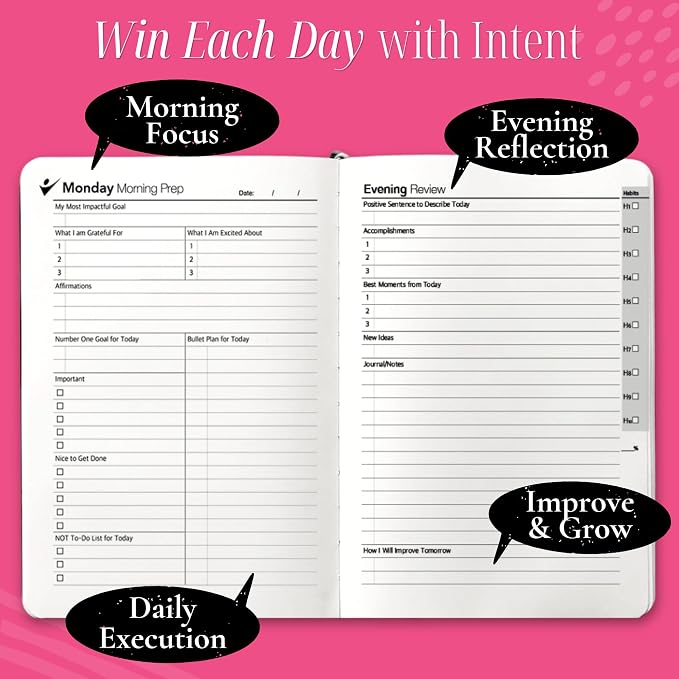 Goal Crazy Undated Daily Planner to Achieve Your Goals - 90 Day Guided Journal & Productivity Organizer with Goal Setting, Habit Tracker, To Do List, Academic & Work Calendar, Leather Hardcover - Rose Gold