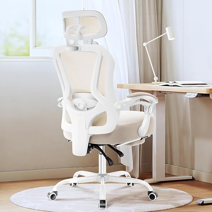 Ergonomic Office Chair with Footrest,Ultra Thick Desk Chair,Cream | 150°Reclining,Mesh High Back,Adjustable 2D Lumbar Support and Headrest,4.8" Spring Cushion,Premium Computer Chair for Adults