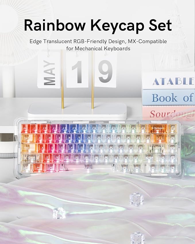 Keymatic Cherry Profile PC Transparent Keycaps, 123 Keys Dye-Sublimation Custom Keyboard Keycaps Shine Through Cute Rainbow Key Cap Set for Cherry MX Swithes Mechanical Keyboard(Only Keycap Set)