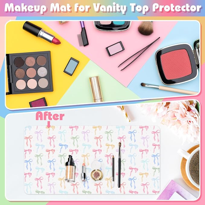 Teenyyou Coquette Bow Makeup Mat for Vanity Top Protector Back to School Gift 31.5" X15.7" Dual Side Leather Desk Mouse Pad Girly Waterproof Nonstick Dressing Vanity Cover for Women Home Office