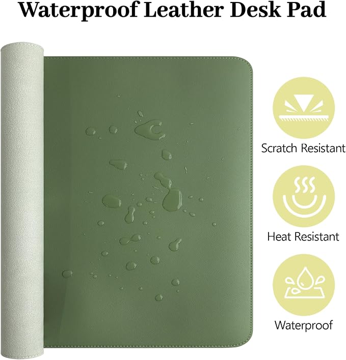 Green Leather Desk Pad and Keyboard Wrist Rest, 27.6"x13.8" | 3in1 Mouse pad + Keyboard Wrist Rest + Mouse Wrist Rest, Non-Slip Waterproof Desk Writing Pad for Office and Home