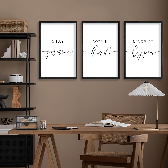 RLWangChao Inspirational Quotes Wall Art Decor 16"X24" 3 Piece Modren Office Stay Positive Work Hard Make It Happen Motivational Wood Framed Sign Living Room Positive Wall Hanging Decoration (Black)