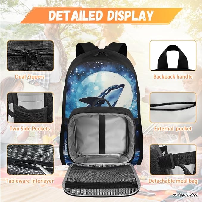 Doojoayie Orca Backpack for Preschool Girls 17 inch School Bag with Detachable Lunchbox Trendy Backpack for School Kids Girls 4-7 Heavy Duty Bookbags for Kindergarten Grade Kids