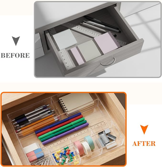 Large Acrylic Desk Deep Drawer Organizer with Adjustable Dividers, Anti-skip Clear Desk Top Junk Drawer Storage Tray for Pens, Desktop, Office, Bathroom, Kitchen, Makeup Supplies(7 Compartments)