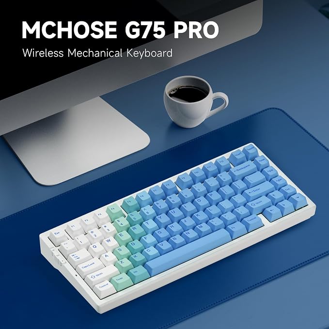 MCHOSE G75 PRO 75% Wireless Mechanical Keyboard, TKL Keyboards Tri-Mode BT5.0/2.4GHz/USB-C, Hot Swap Custom Creamy Keyboards Linear Switch, Double Shot PBT Keycaps RGB LED Backlit, White&Blue