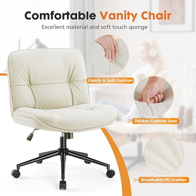 Sweetcrispy Criss Cross Chair with Wheels, Wide Seat PU Leather Armless Office Desk Vanity Chair, Comfortable Adjustable Swivel Computer Task Chairs for Bedroom, Small Space Make Up, Light Beige